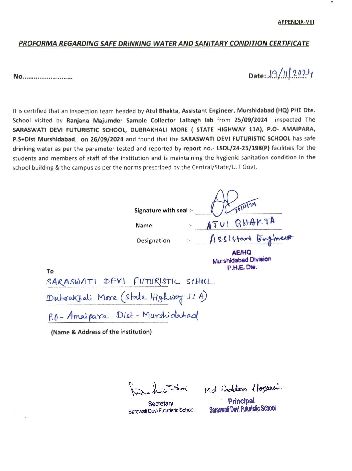 Water, Health and Sanitation Certificate